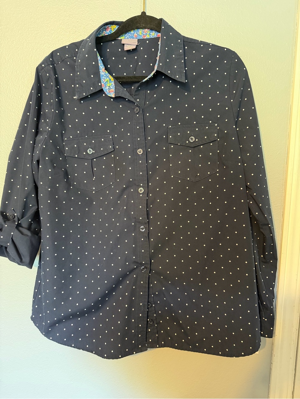 Laura Scott Navy Button-Down Shirt with White Polka Dots